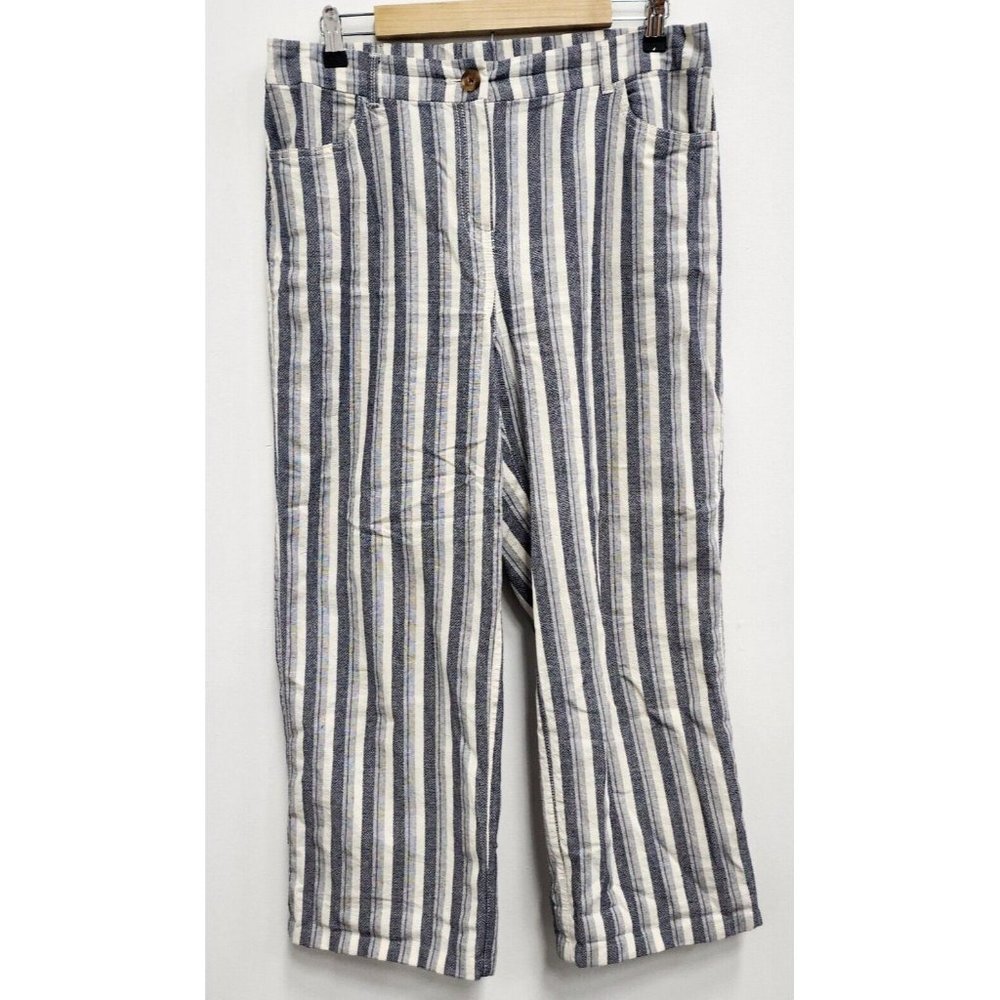 Chicos Gray White Striped Linen High Rise Casual Cropped Pants Size Large